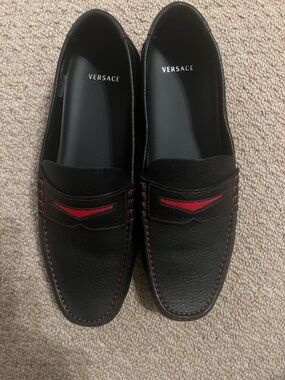 Versace Leather Graphic Print Drivers Navy Blue